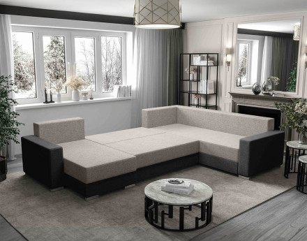 Canapé panoramique d'angle réversible 7 places convertible avec coffre en tissu Leslie