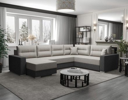 Canapé panoramique d'angle réversible 7 places convertible avec coffre en tissu Leslie