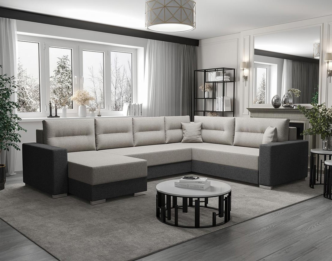 Canapé panoramique d'angle réversible 7 places convertible avec coffre en tissu Leslie