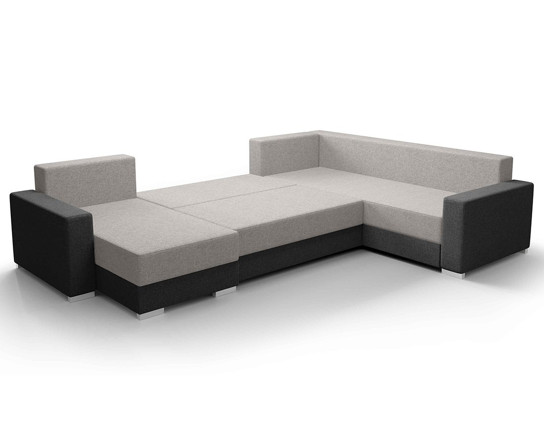 Canapé panoramique d'angle réversible 7 places convertible avec coffre en tissu Leslie