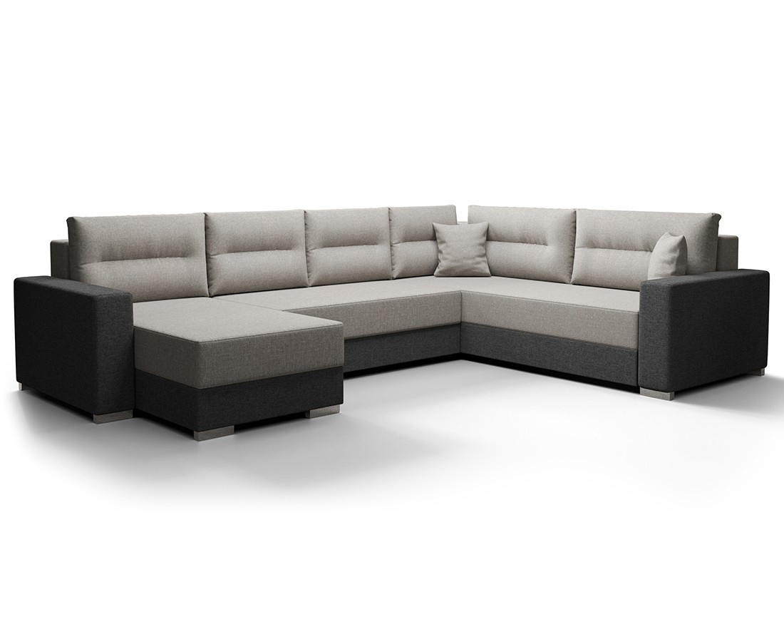 Canapé panoramique d'angle réversible 7 places convertible avec coffre en tissu Leslie