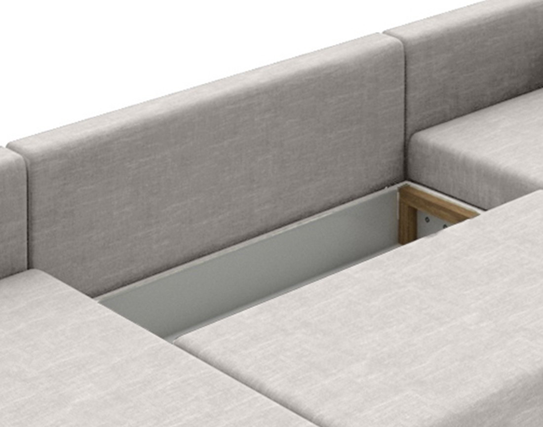 Canapé panoramique d'angle réversible 7 places convertible avec coffre en tissu Leslie