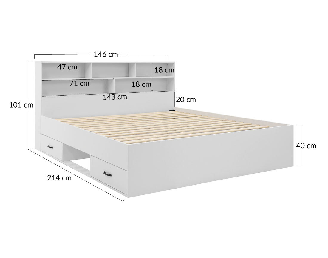Lit avec rangements 140x190 cm sommier inclus bois Andrea