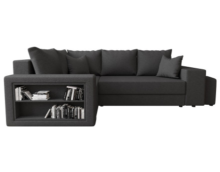 Canapé d'angle gauche 4 places convertible avec coffre, étagère et poufs en tissu Libbie