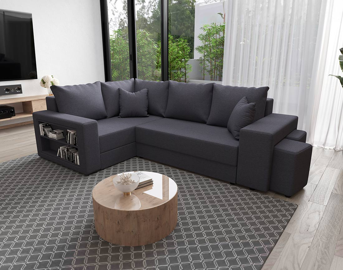 Canapé d'angle gauche 4 places convertible avec coffre, étagère et poufs en tissu Libbie