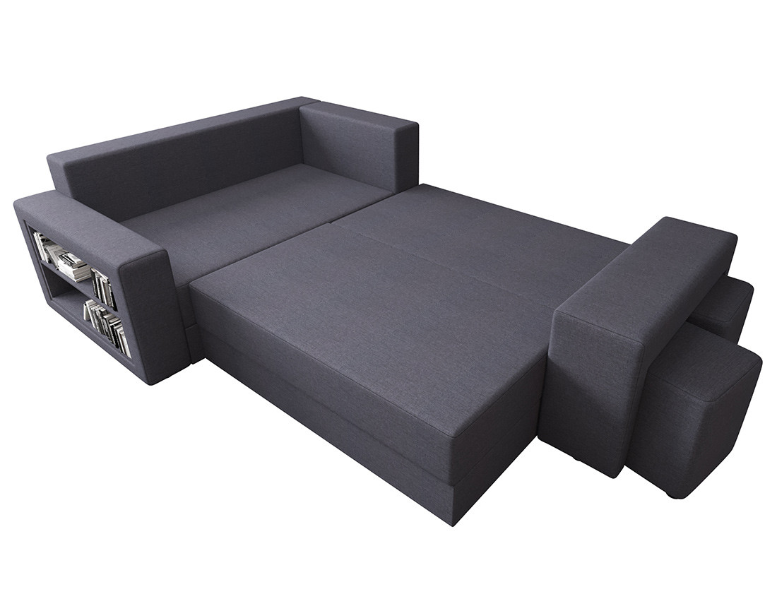 Canapé d'angle gauche 4 places convertible avec coffre, étagère et poufs en tissu Libbie