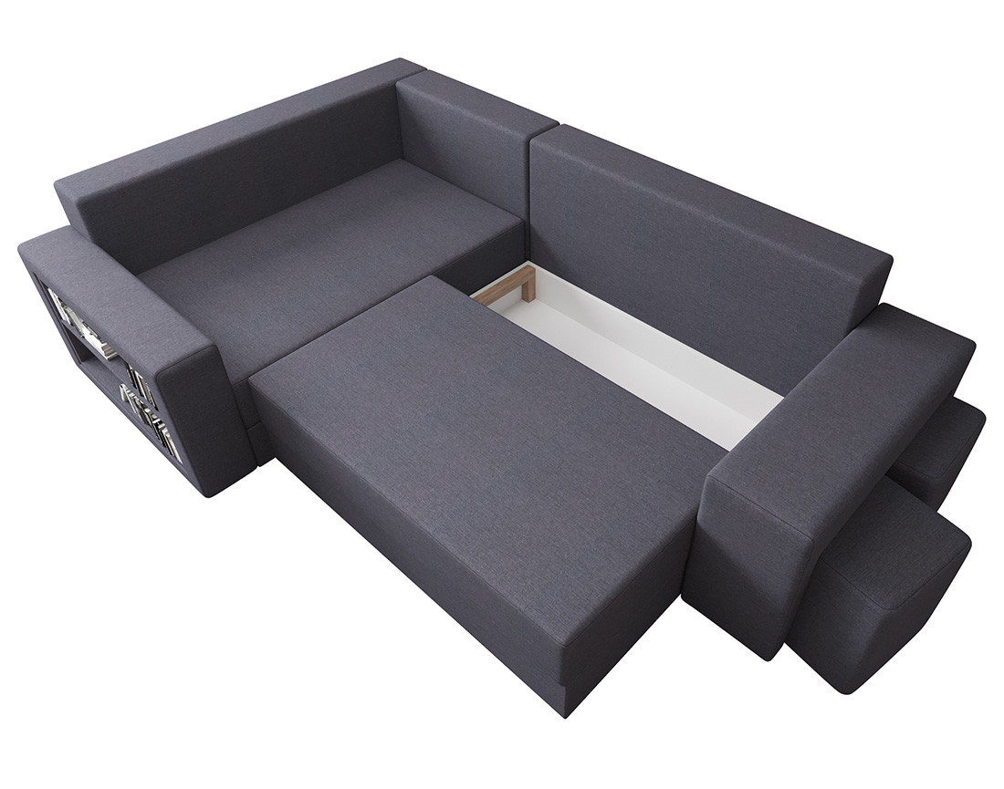 Canapé d'angle gauche 4 places convertible avec coffre, étagère et poufs en tissu Libbie