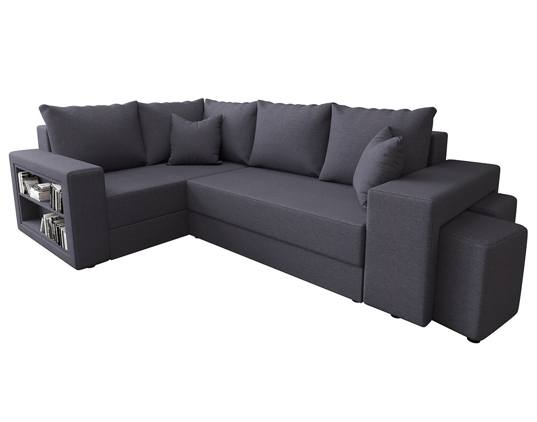 Canapé d'angle gauche 4 places convertible avec coffre, étagère et poufs en tissu Libbie