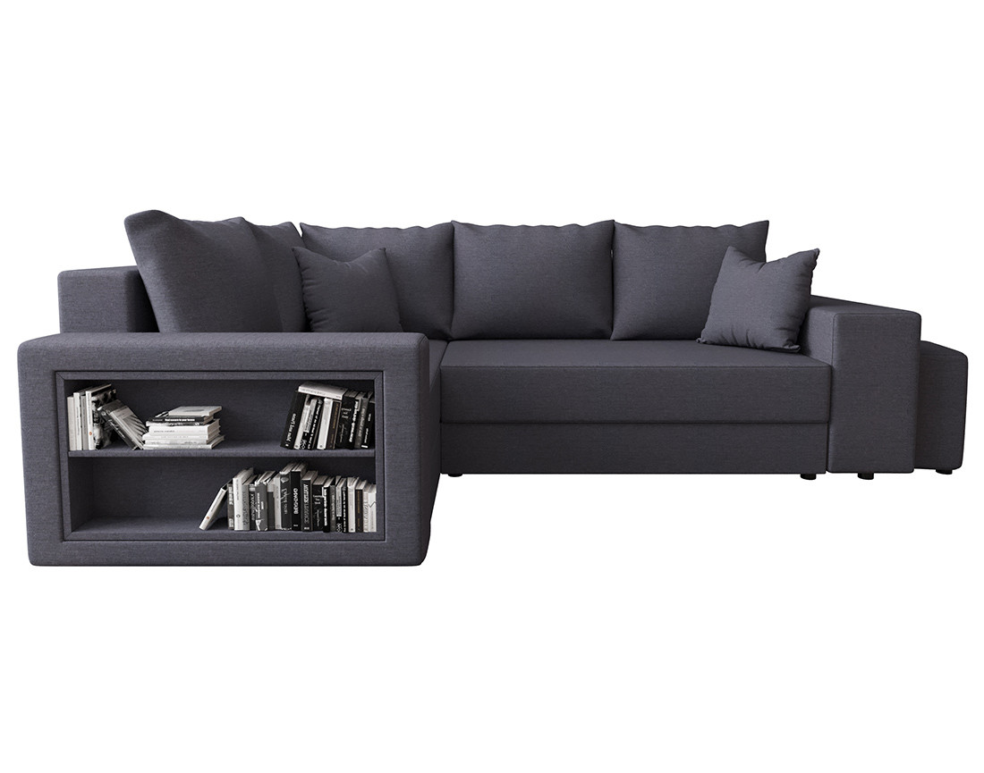 Canapé d'angle gauche 4 places convertible avec coffre, étagère et poufs en tissu Libbie