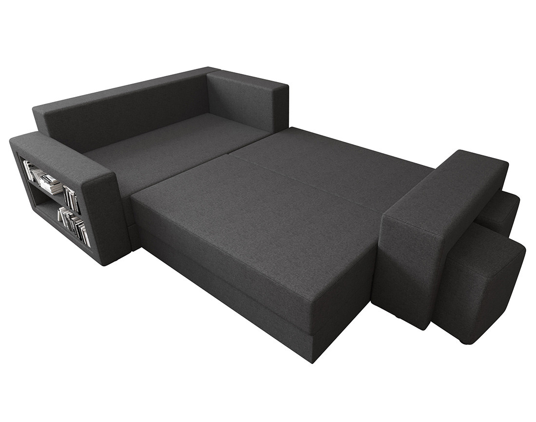 Canapé d'angle gauche 4 places convertible avec coffre, étagère et poufs en tissu Libbie