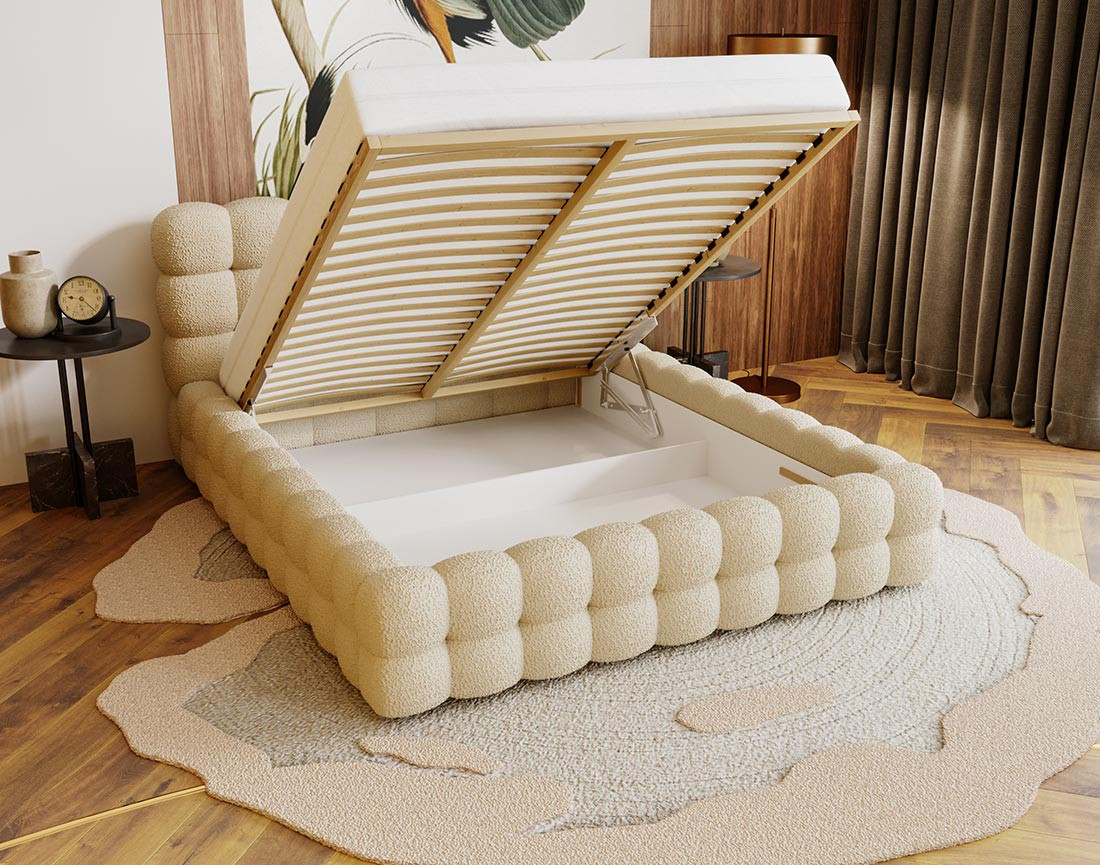 Lit coffre 140x200 cm sommier inclus en tissu bouclette Darling