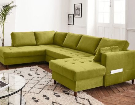 Canapé panoramique d'angle gauche 7 places convertible avec coffre en velours Anna