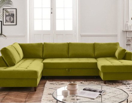 Canapé panoramique d'angle gauche 7 places convertible avec coffre en velours Anna