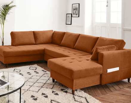 Canapé panoramique d'angle gauche 7 places convertible avec coffre en velours Anna