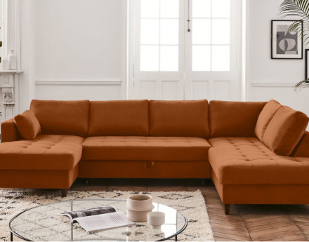 Canapé panoramique d'angle droit 7 places convertible avec coffre en velours Anna