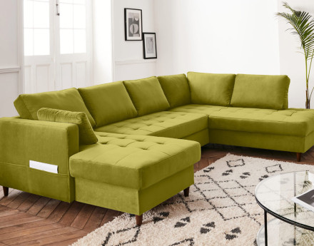 Canapé panoramique d'angle droit 7 places convertible avec coffre en velours Anna