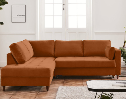 Canapé d'angle gauche 5 places convertible en velours Anna