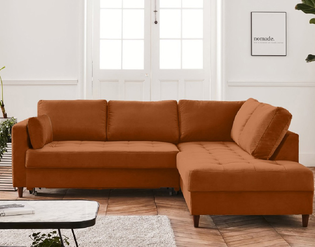 Canapé d'angle droit 5 places convertible en velours Anna