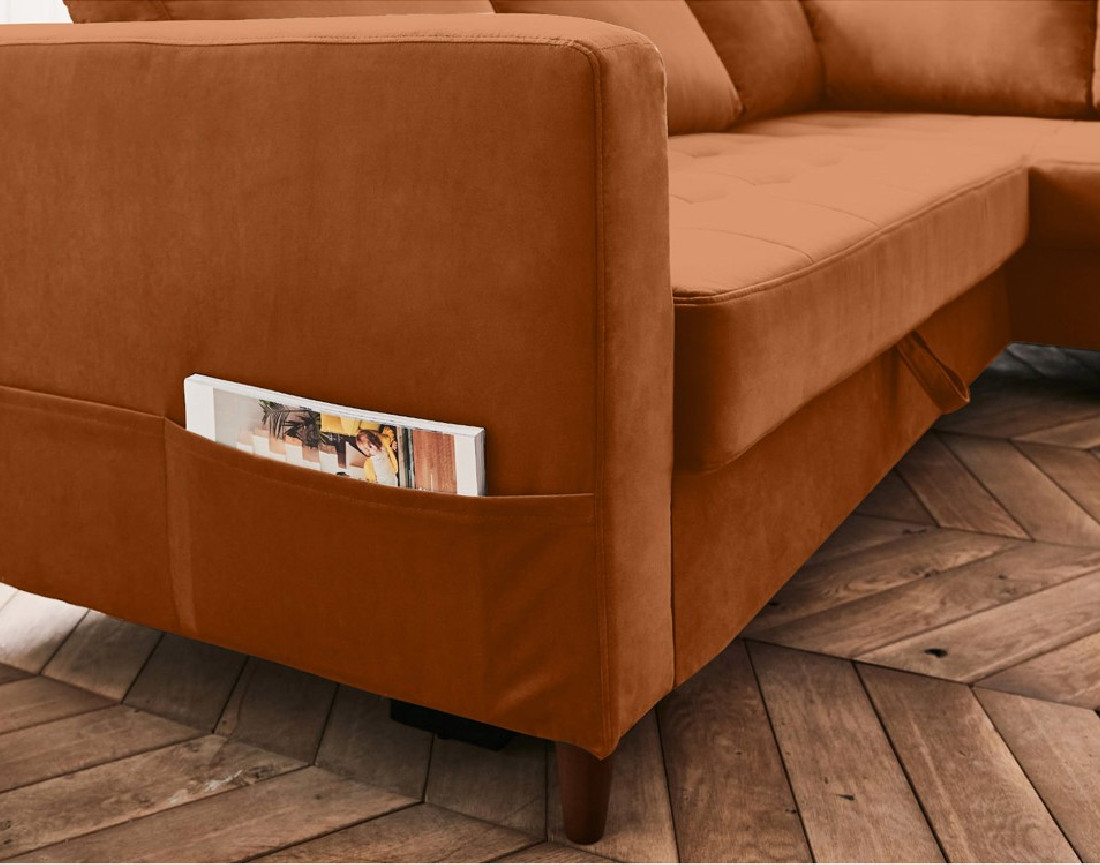 Canapé d'angle droit 5 places convertible en velours Anna