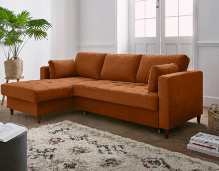 Canapé d'angle gauche 4 places convertible avec coffre en velours Anna