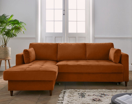 Canapé d'angle gauche 4 places convertible avec coffre en velours Anna