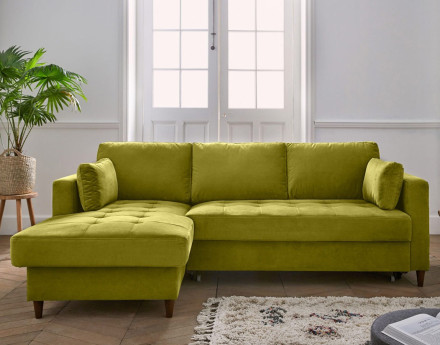 Canapé d'angle gauche 4 places convertible avec coffre en velours Anna