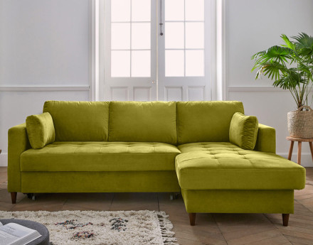 Canapé d'angle droit 4 places convertible avec coffre en velours Anna