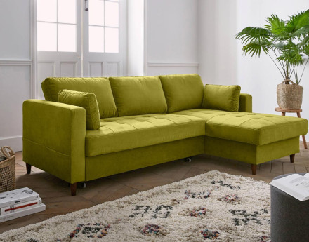 Canapé d'angle droit 4 places convertible avec coffre en velours Anna