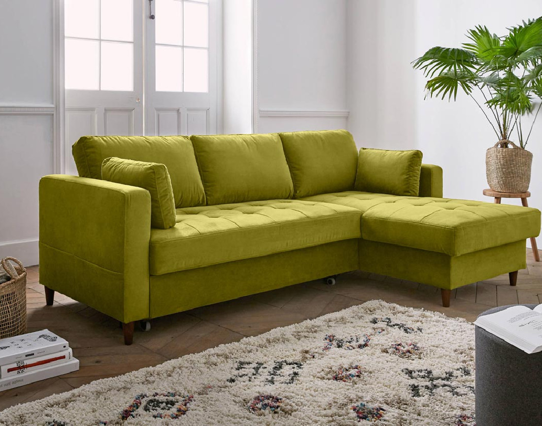 Canapé d'angle droit 4 places convertible avec coffre en velours Anna