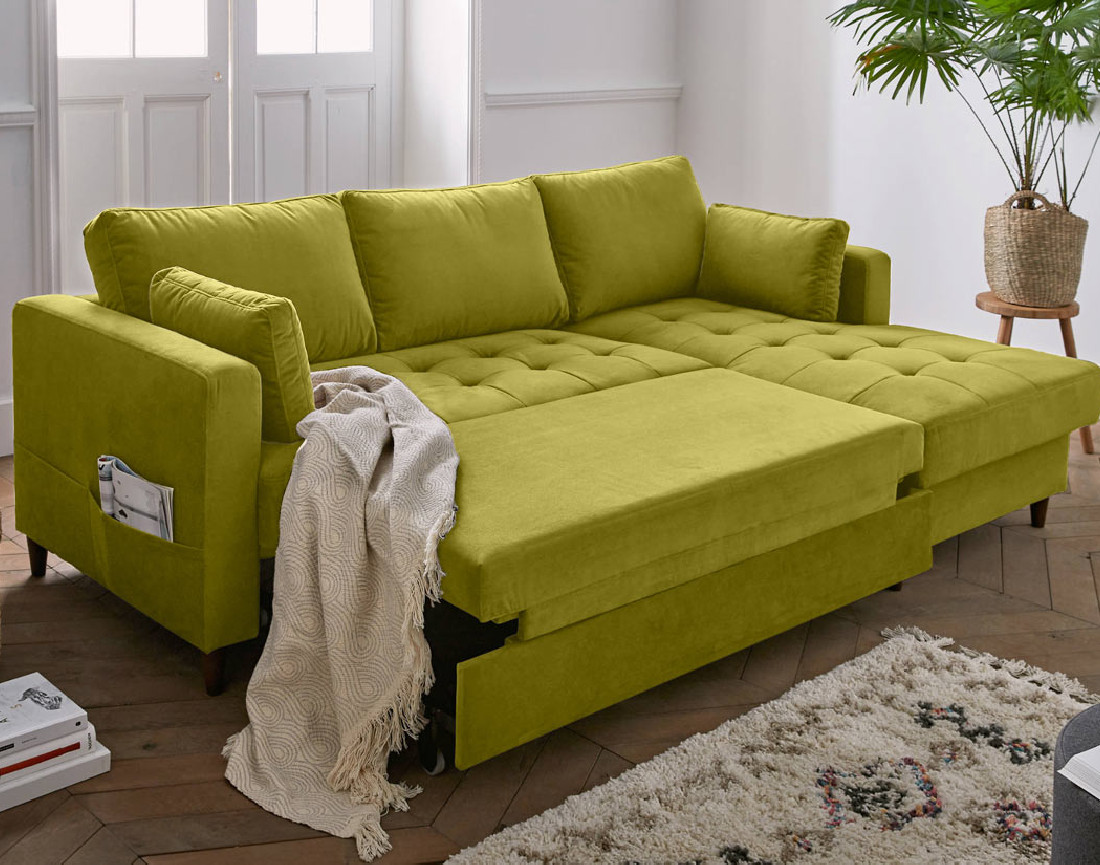 Canapé d'angle droit 4 places convertible avec coffre en velours Anna