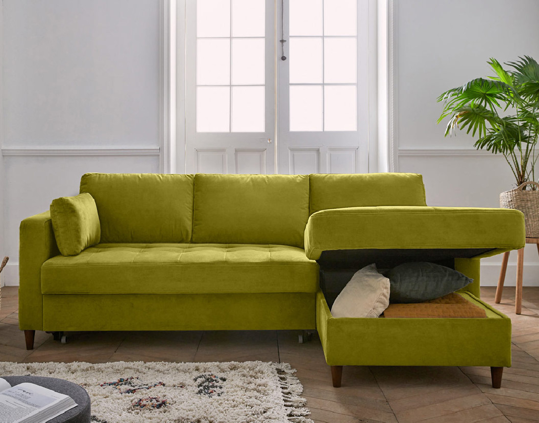 Canapé d'angle droit 4 places convertible avec coffre en velours Anna