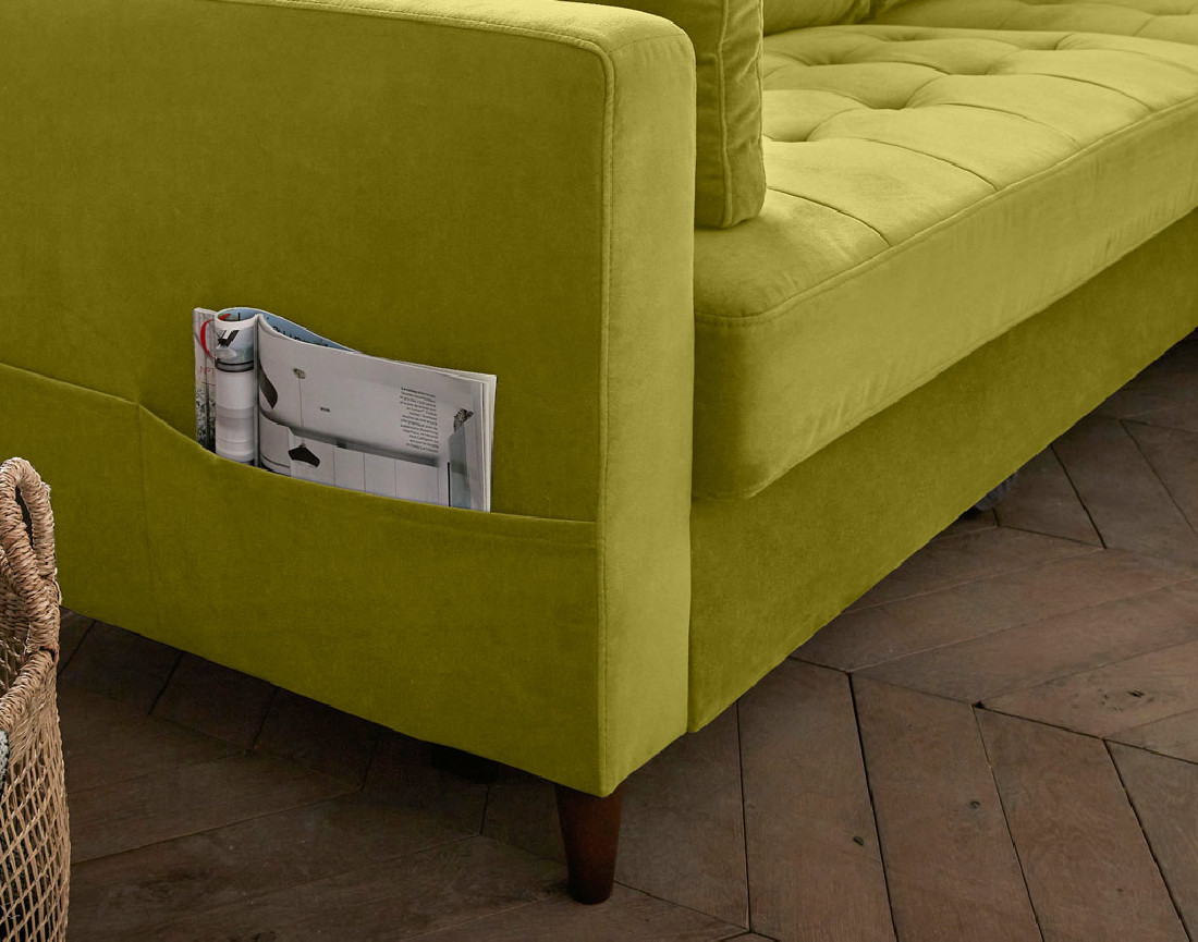 Canapé d'angle droit 4 places convertible avec coffre en velours Anna