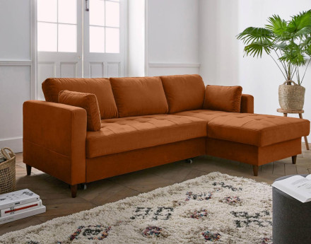 Canapé d'angle droit 4 places convertible avec coffre en velours Anna