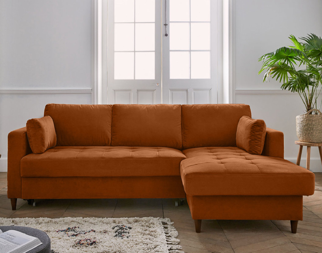 Canapé d'angle droit 4 places convertible avec coffre en velours Anna