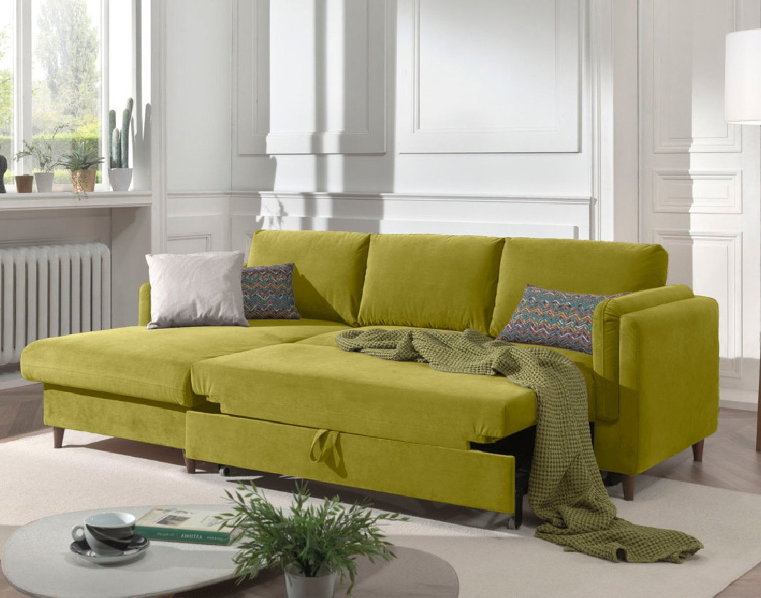 Canapé d'angle gauche convertible avec coffre 4 places en velours Brooke