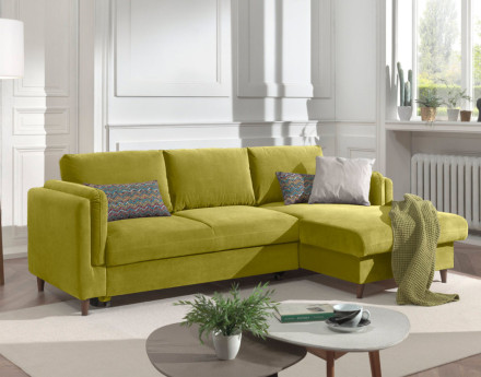 Canapé d'angle droit convertible avec coffre 4 places en velours Brooke