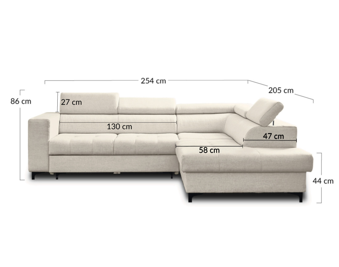 Canapé d'angle gauche 5 places convertible avec coffre et têtières réglables en tissu Olinda