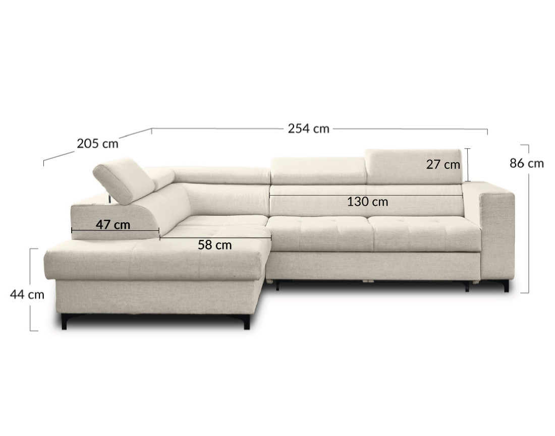 Canapé d'angle gauche 5 places convertible avec coffre et têtières en tissu Olinda