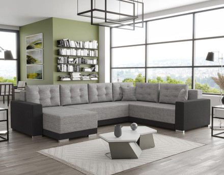 Canapé panoramique d'angle réversible 7 places convertible avec coffre en tissu Roger