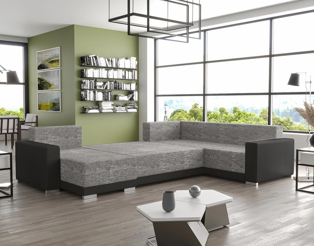 Canapé panoramique d'angle réversible 7 places convertible avec coffre en tissu Roger