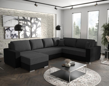 Canapé panoramique d'angle réversible 7 places convertible avec coffre en tissu Epona