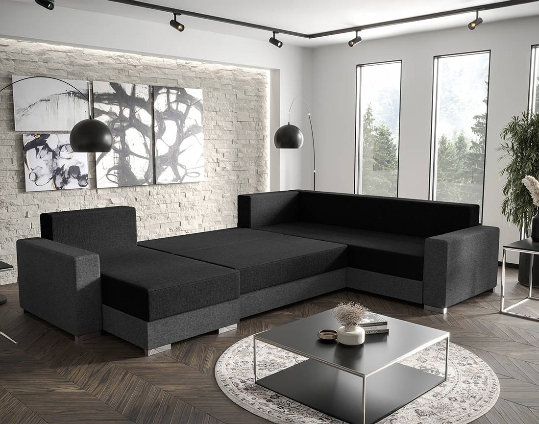 Canapé panoramique d'angle réversible 7 places convertible avec coffre en tissu Epona