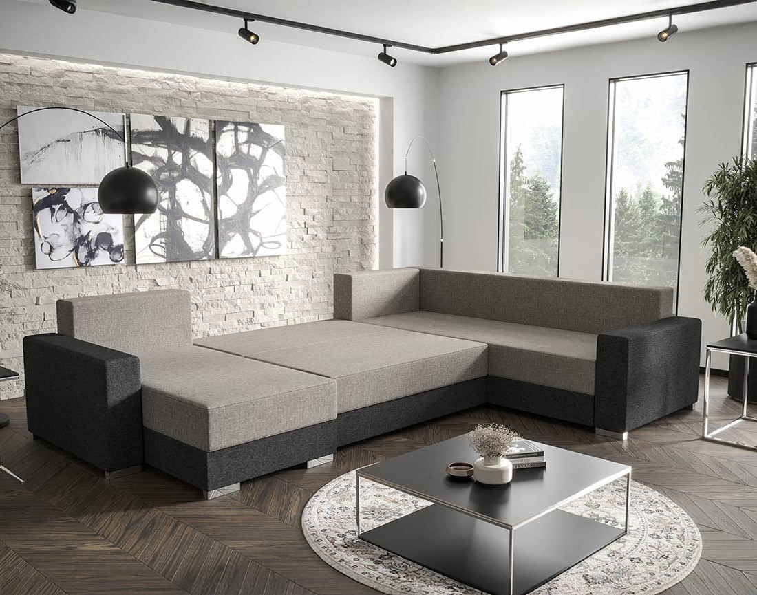 Canapé panoramique d'angle réversible 7 places convertible avec coffre en tissu Epona