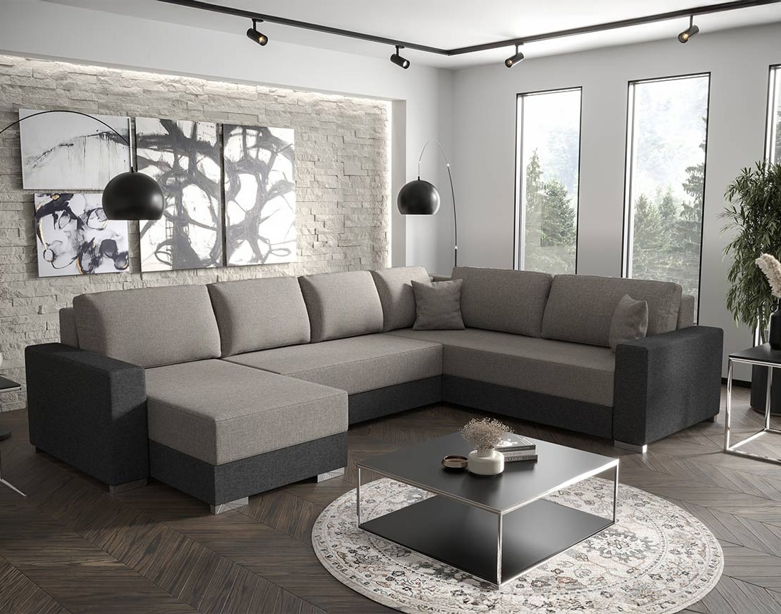 Canapé panoramique d'angle réversible 7 places convertible avec coffre en tissu Epona