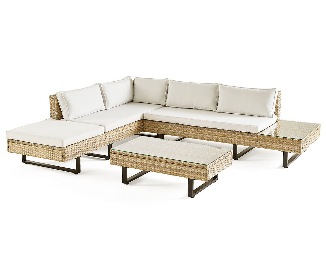 Salon de jardin d’angle en résine beige et grise 5 places coussins gris clair et table incluse Sashi