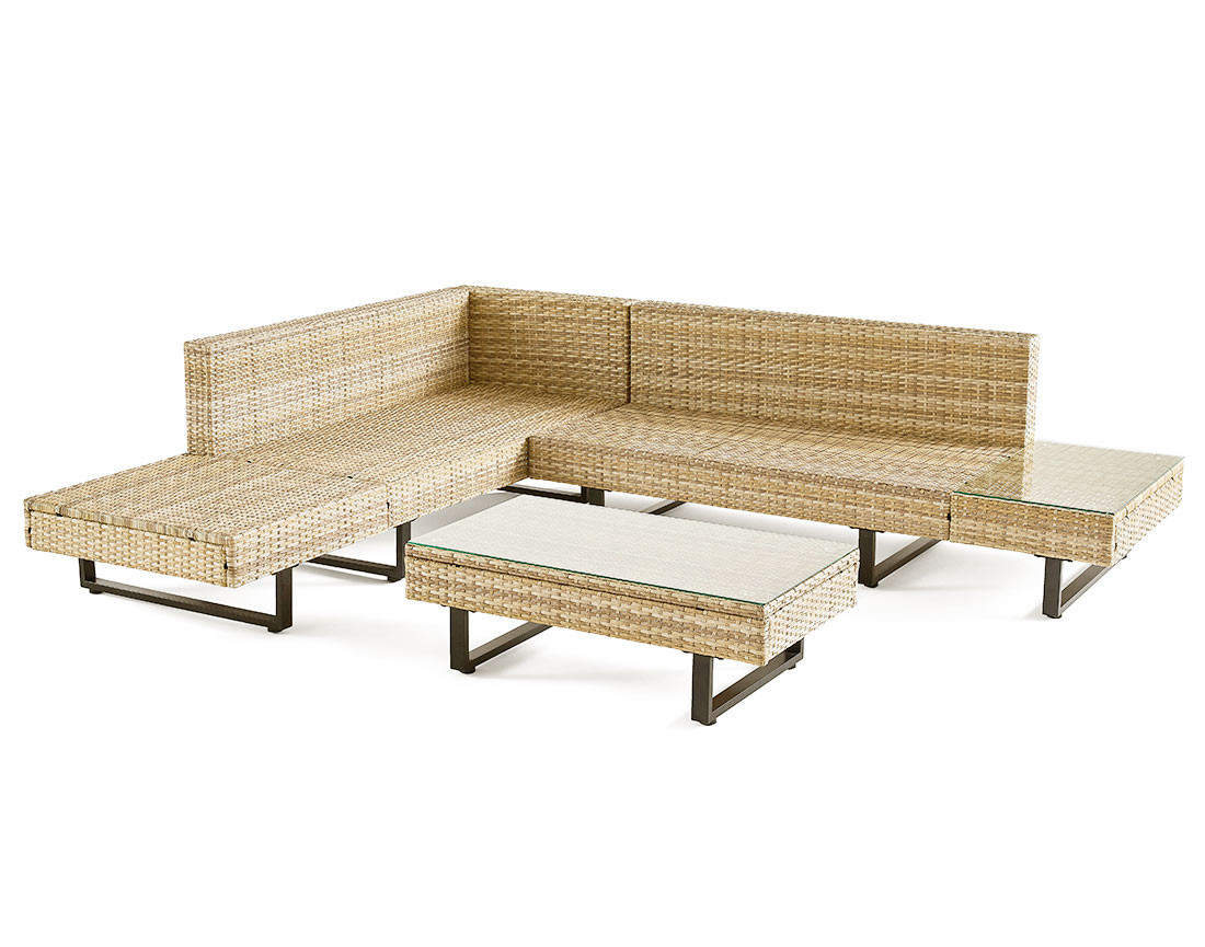 Salon de jardin d’angle en résine beige et grise 5 places coussins gris clair et table incluse Sashi