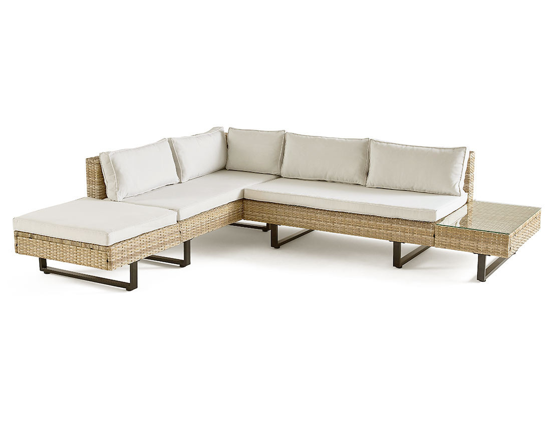 Salon de jardin d’angle en résine beige et grise 5 places coussins gris clair et table incluse Sashi