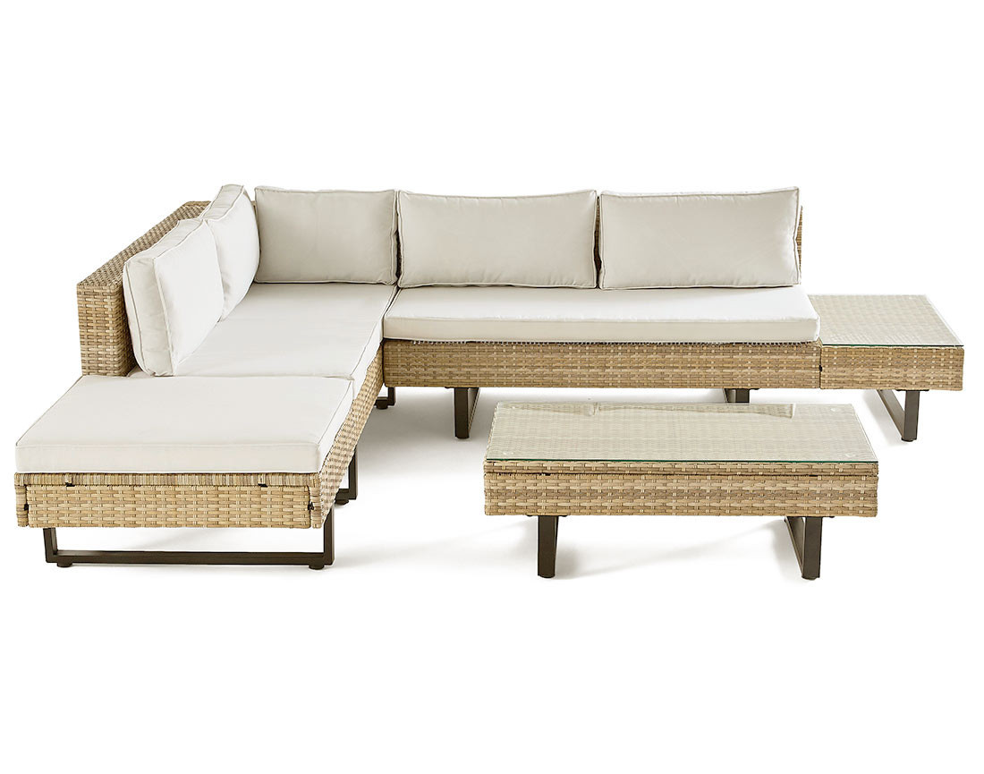 Salon de jardin d’angle en résine beige et grise 5 places coussins gris clair et table incluse Sashi