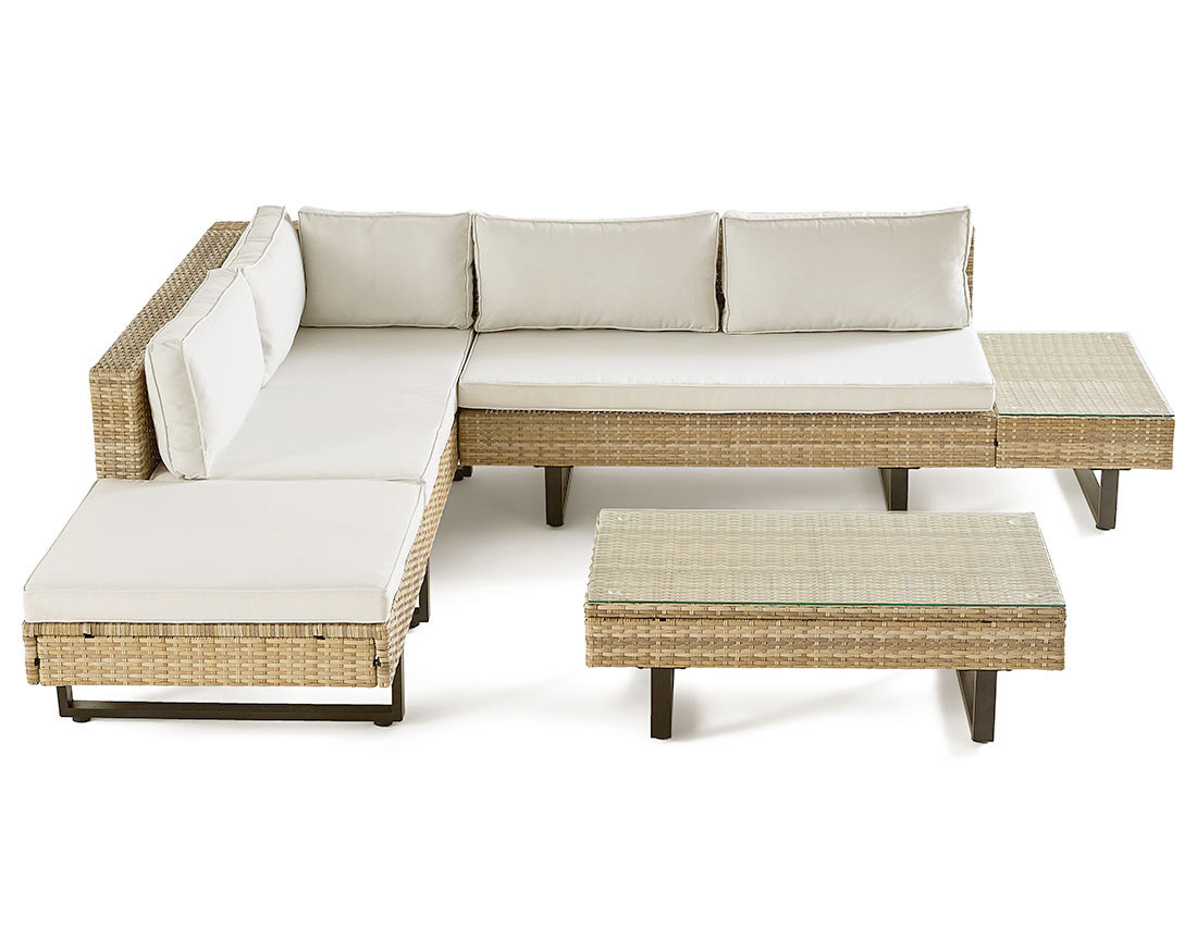 Salon de jardin d’angle en résine beige et grise 5 places coussins gris clair et table incluse Sashi