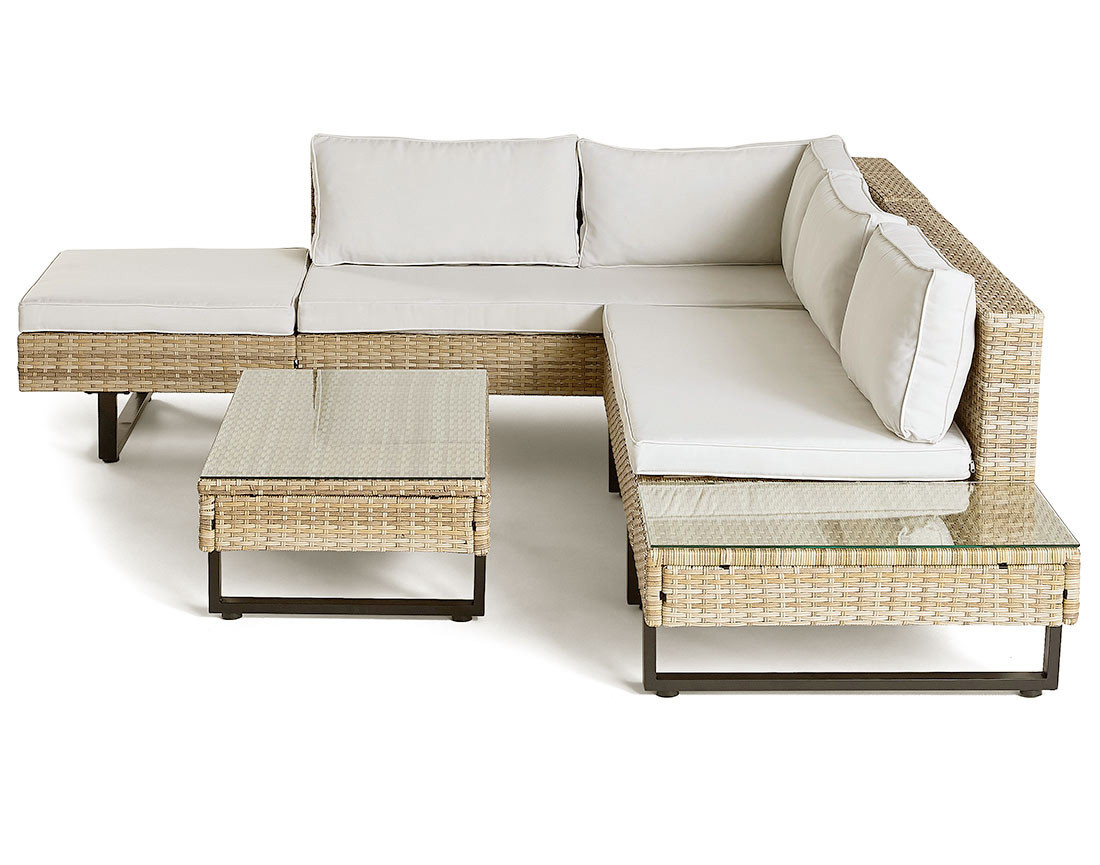 Salon de jardin d’angle en résine beige et grise 5 places coussins gris clair et table incluse Sashi